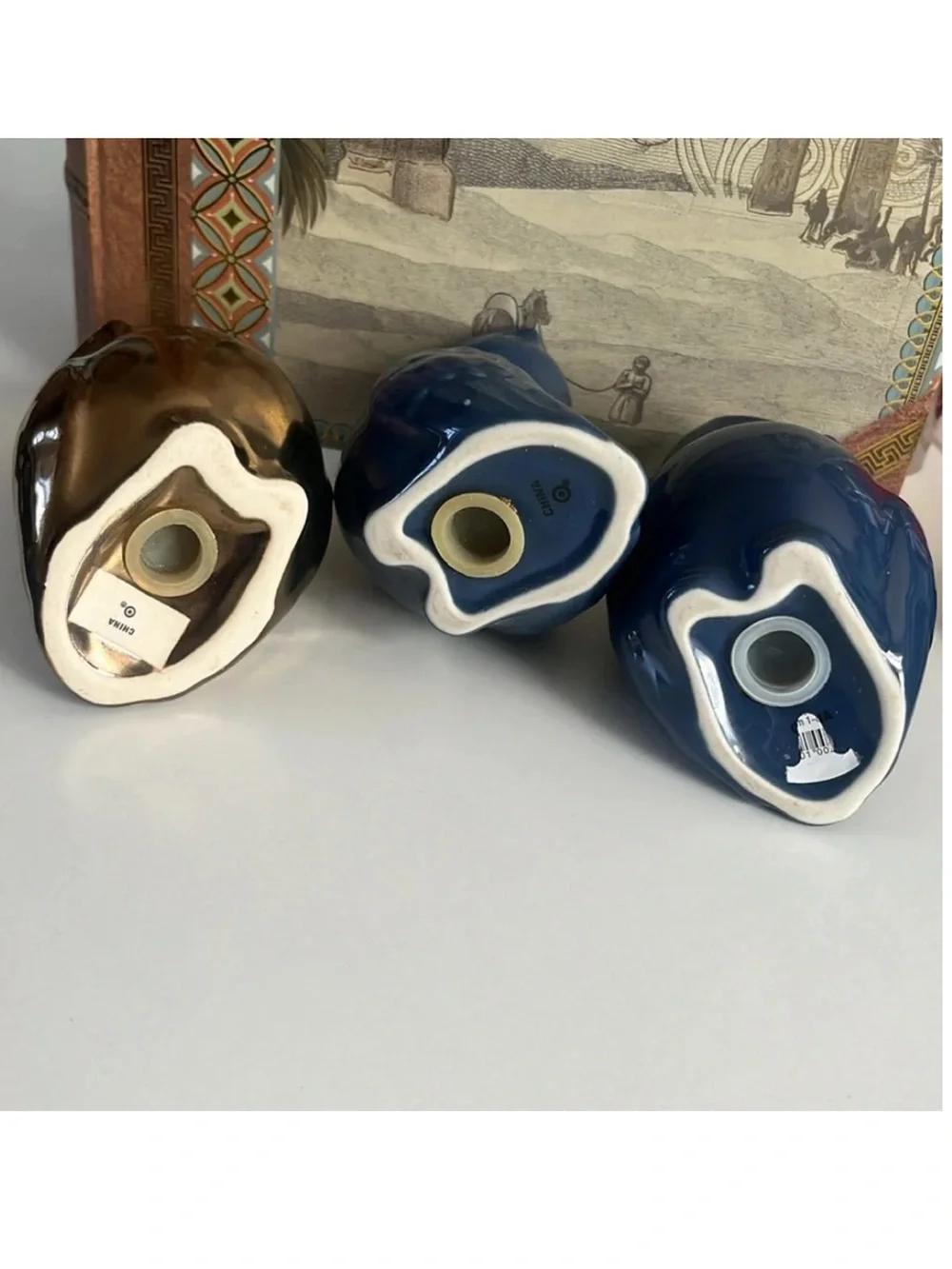 Set of Target 3 owl salt pepper shakers 2- blue and 1- metallic bronze gold EUC
